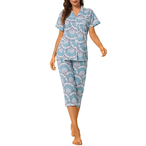 Image of Tugege Capri Pajamas Set Womens Button Down Short Sleeve Lounge Sets Sleepwear Notch Collar Top & Capri 2 Piece PJ Sets