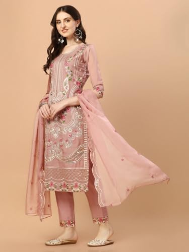 Image of NIVANA Womens Pakistani Embroidered Kurta with Pant & Dupatta | Organza Kurta Set with Round Neck & 3 /4 Sleeves | Traditional Ethnic Wear for Festive and Party Occasions