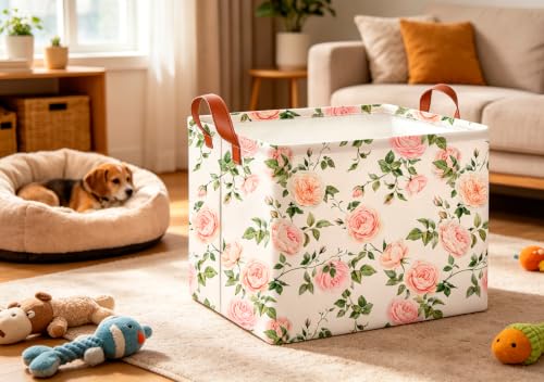 Image of CLOCOR Rectangular Storage Basket Empty,Gift Basket,Waterproof Storage Bin with Handles,Room Decor(Watercolor Rose)