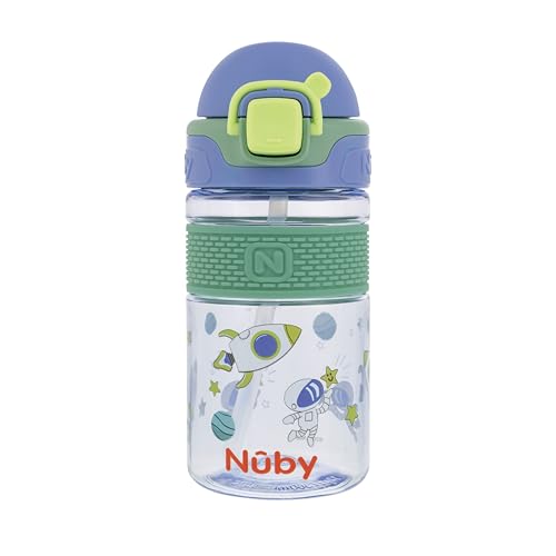 Nuby Thirsty Kids Flip-it Bolt Toddler Cup with Push-Button Locking Flip-Top, Free Flow Silicone Spout, Easy-Grip Band & Durable Base – Spill-Resistant Cup for Home or On-the-Go - Space