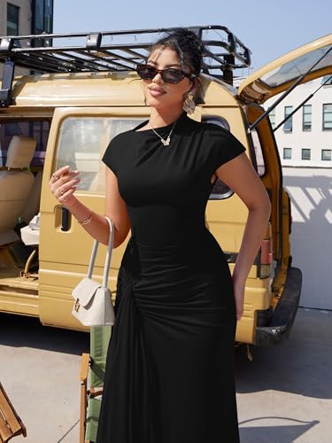 YMDUCH Women's Casual Short Sleeve Boat Neck Ruched High Split Bodycon Long Party Dress3