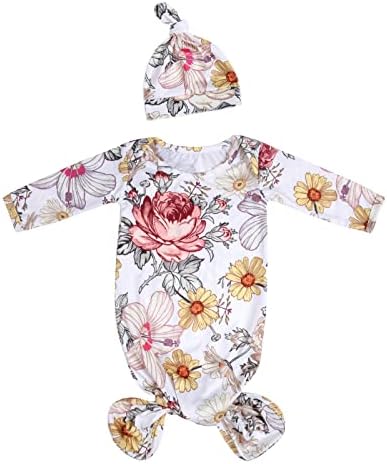 MVUOCR Newborn Knotted Gowns, Baby Girl and Boy Long Sleeves Sleep Sack Suit, Super Soft Silky Infant Long Sleeve Sleeper with Hat(Daisy)