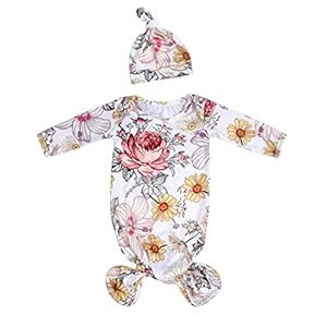 Newborn Knotted Gowns, Baby Girl and Boy Long Sleeves Sleep Sack Suit, Super Soft Silky Infant Long Sleeve Sleeper with Hat(Daisy)