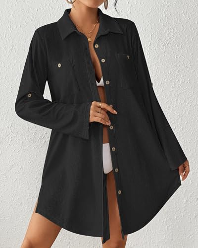 Bsubseach Terry Cloth Swim Cover Up for Women Cotton Bathing Suit Coverup Button Down Beach Shirt Robes with Pockets2
