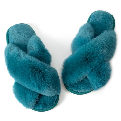 Image of Women's Cross Band Fuzzy Slippers Fluffy Open Toe House Slippers