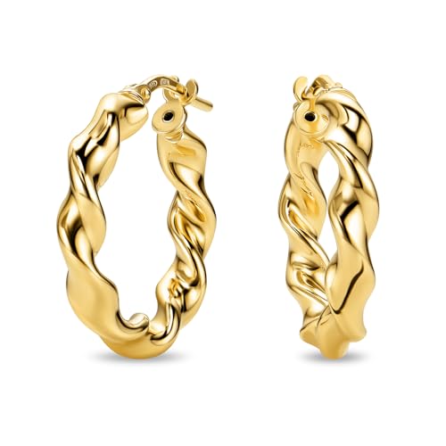 Miore Pendientes Mujer de Plata de Ley 925 Bañados en Oro de 18K 750, Aros de Oro Redondos con Tubos Torcidos de 15 mm, Hechos a Mano en Italia, Joyas Dorados con Joyero