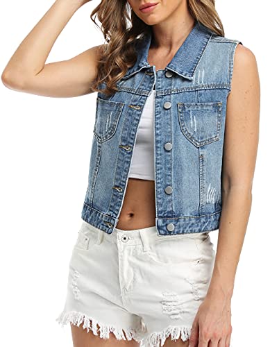 Womens Denim Jean Vest Classic Cropped Distressed Spread Collar Sleeveless Jean Jacket3