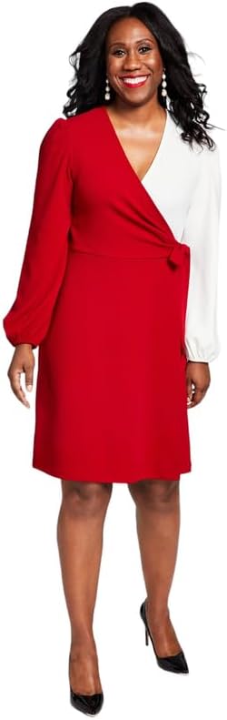 Kasper Women's Colorblocked Surplice Side-Tie Dress (Crimson/Cream, Large)