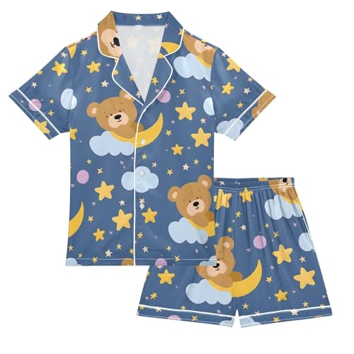 ALAZA Moon Star Bear Funny Pajamas Satin Pajama Set Short Sleeve Button Down Sleepwear