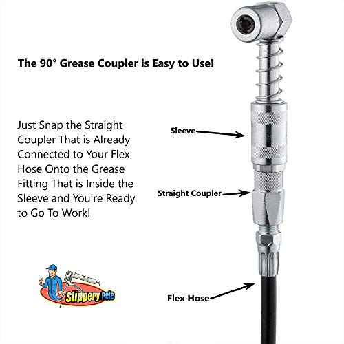 Slippery Pete - 90 Degree Grease Gun Coupler Snaps Onto Grease Fittings In Tight Spaces #TOP4