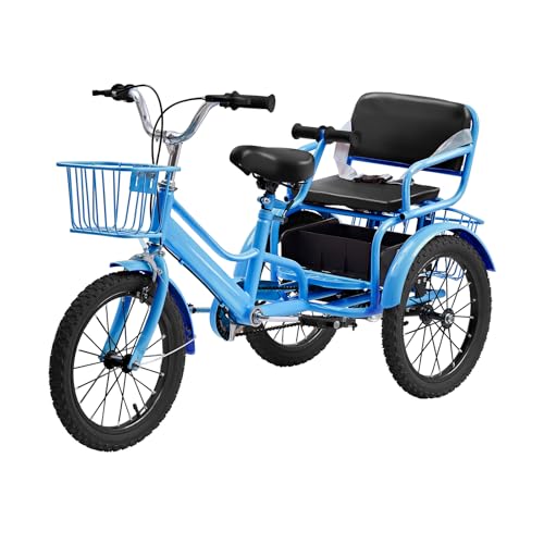 Kids Tricycle for Ages 4-9, 16 inch Height-Adjustable Toddler Tricycle with 2 Seats, 3 Storage Baskets, Dual Handbrake Boys and Girls Tricycle (Blue)