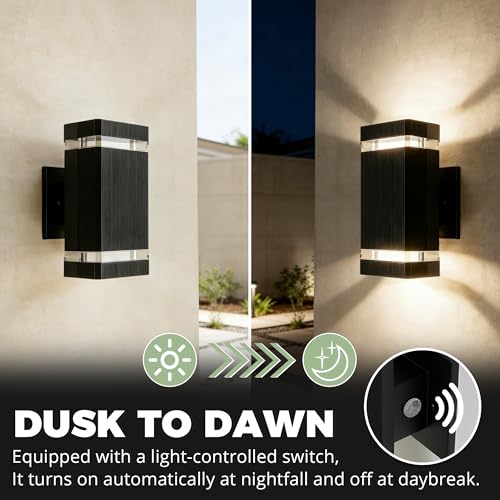 Image of JYV Dusk to Dawn Square Outdoor Wall Lights, Up and Down Porch Lights,Black | Aluminum Exterior Lighting Fixtures with 2 * 7W Bulbs 3000K, Waterproof Outdoor Sconces Wall Lighting, for House Porch Garage