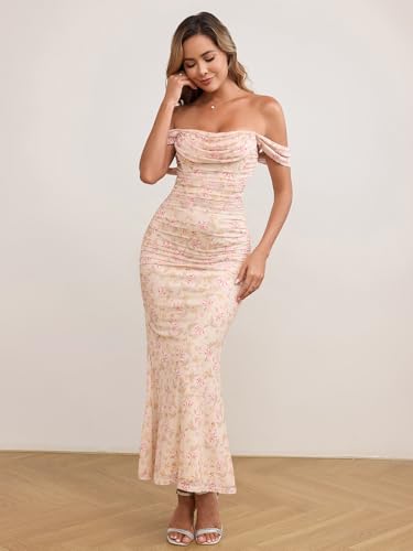 Image of KUTUMAI Off The Shoulder Maxi Long Dress Corset Ruched Bodycon Cocktail Formal Wedding Guest Dresses for Women