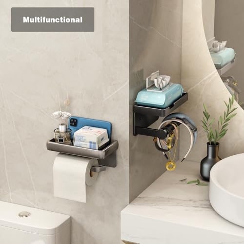 VOLDRA Toilettenpapierhalter Ohne Bohren mit Ablage, Selbstklebend Oder Schraubbar Klopapierhalter, Rostfrei & Multifunktional Badezimmer Klorollenhalter Wc Papier Halterung(Schwarz)