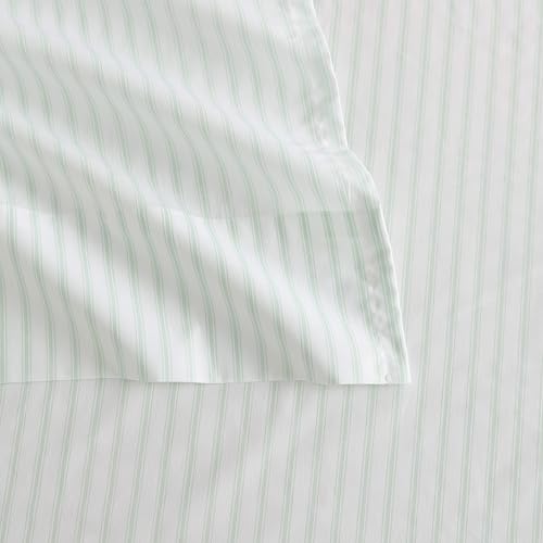 Image of Martha Stewart - Twin XL Size Sheet Set, Breathable Cotton Percale Bedding with Matching Pillowcase, Fully Elastic Fitted Sheet, Deep Pocket, Crisp & Cooling All-Season Comfort (Ticking Stripe Green)