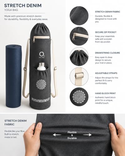 Image of O2 Yoga Mat Bag | Cotton Yoga Mat Carry Bag with Adjustable Double Straps | Yoga Mat Cover Bag for Women & Men | Fits 2mm-10mm Mats - Charcoal Mandala Block Print