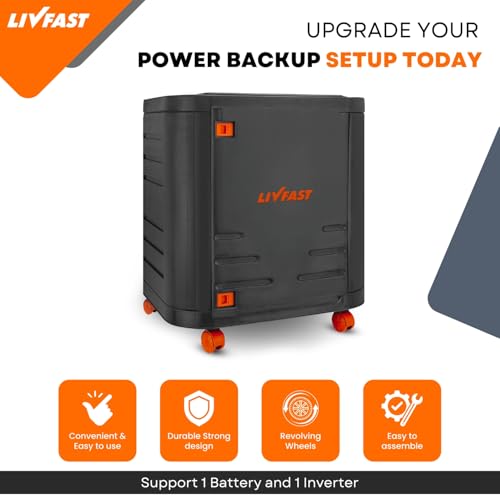 Image of Livfast Inverter Battery Trolley with Covered Box | Support Single Jumbo /Flat Plate /Tall Tubular Battery - Grey Orange
