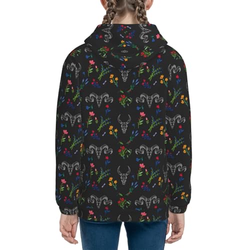 Skull with Flower Kids Pullover Hoodies Boys Sweatshirts Girls Athletic Clothes with Pocket4