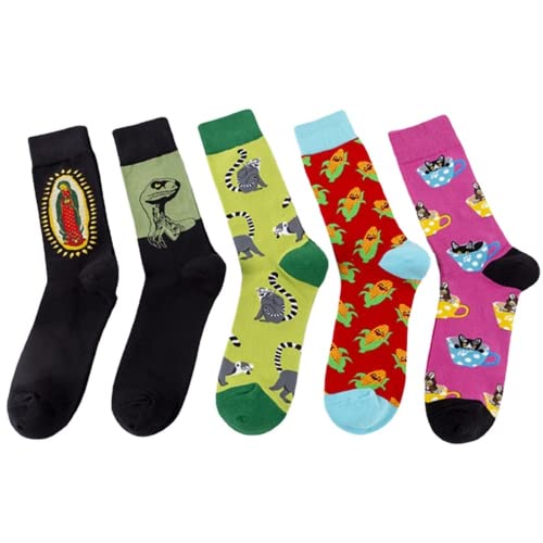 Trendy Combination Socks with Dinosaur, Lemur, and Thumb Dog Design - Mid-Calf Casual Socks for Autumn and Winter2