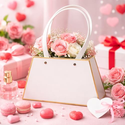Image of Oasis Pack of 10 Flower Bouquet Gift Bags with Handles | Valentine's Day Gifting Bags for Her & Him | Goodie Bags for Wedding Return Gifts, Birthday, Bridal & Baby Shower | 13x13x10 cm | Gold & White