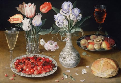 ARTXLXXBN Pinturas Famosas Lienzo Imagen Art Cuadro Lienzo Natura morta con gigli Rose Tulipsherries e fragoline di bosco di Osias the Elder Beert para la Decoración del Hogar de la Oficina 60x90cm