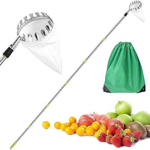 Alongen Fruit Picker with Telescopic Handle, with Storage Bag Stainless Steel Orange Picker Tool Tree Fruit Catcher,for Cherry Berry Orange Lemon Pear Harvester