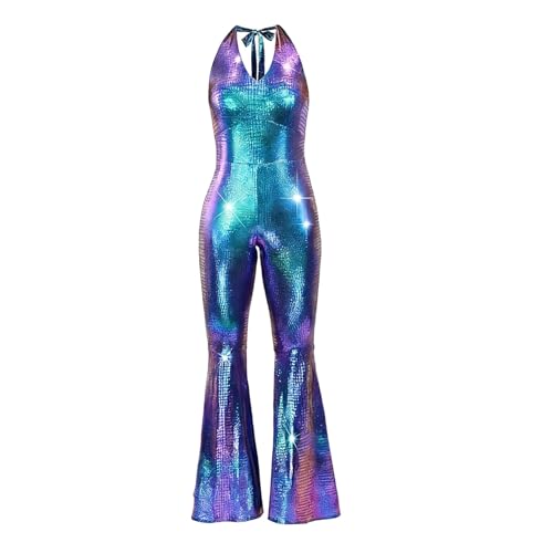 Mono con lentejuelas brillantes y pantalones acampanados de fiesta para mujer