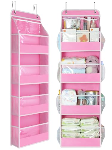 Yecaye 5 Tier Over the Door Organizer, Swing-proof Door Organizer Hanging with Clear PVC Windows, Behind the Door Storage for Bedroom Nursery Closet Laundry Pantry Bathroom, Pink