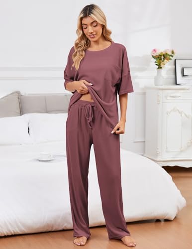 Image of JiniGolla Womens Pajama Sets Waffle Knit Short Sleeve Shirt with Long Pajama Pants Soft Sleepwear Pj Lounge Sets