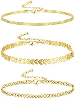 CASSIECA 3 Pcs Ankle Bracelets for Women 14K Gold Figaro/Cuban/Paperclip Link Ankle Chains Bracelet Adjustable Beach Women's Foot Chain Jewelry