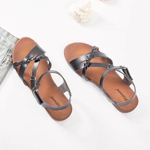 Image of Ataiwee Women's Flat Slide Sandals - Comfortable Open Toe Design,Casual Slip-On with Ankle Strap,Hook-and-Loop Closure Summer Sandals.