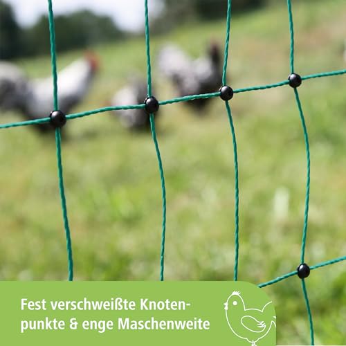 Kerbl Hobbyfarming PoultryNet, 106cm, 25m, Geflügelnetz, Weidezaunnetz, stromlos, Doppelspitze, grün, 8 Pfähle, Hühner, Gänse, Puten, 3 Jahre Garantie UV-Stabilität