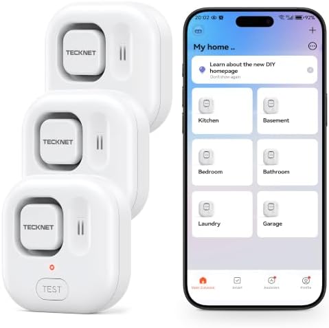 TECKNET WiFi Water Leak Detectors, 120dB Adjustable Audio Alarm Sensor, Sensitive Leak and Drip Alert, for Kitchen Bathroom Basement (3 Pack, Battery Included)