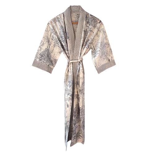 KANNOPREET CLOTHING Cotton Kimono Robe Bathrobe Sleepwear, Long Traditional Style 48-50 Inches Length, Two Side Pockets (Vintage Grey Woodland Toile)