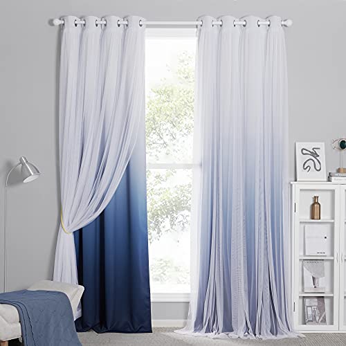 PONY DANCE Blackout Curtains for Bedroom - Curtains Ombre Blackout with Sheer Gauze White Elegant Layered Curtains Mix and Match for Living Room, 52x84 inch, Navy Blue, Set of 2