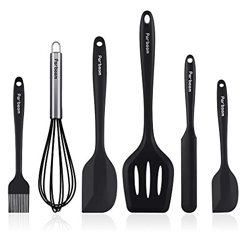 Parboom Silicone Utensils 6 Piece Silicone Spatula Set with Stainless Steel Core Heat Resistant Silicone Kitchenware Non-Stick Kitchen Baking Tools Kitchen Gadgets Utensil Sets -Black