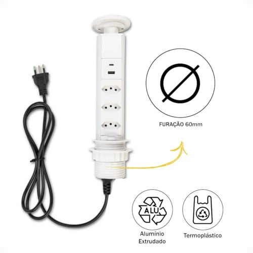 Torre De Tomadas Retrátil Bivolt Multiplug Usb A Usb C 3 Tomadas 20a De Embutir (Branca)