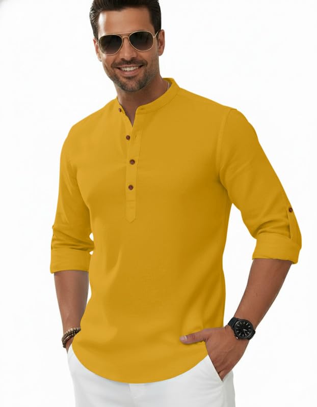 Image of Macsivo Men's Cotton Blend Solid Short Kurta with Regular Lenth Mandarin Neck Full Sleeves and roll-up tab| Kurta Style Shirt for Men