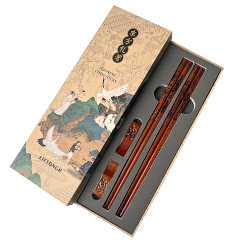 2 Pairs Reusable Wooden Chopsticks Set - Hand-Carved Dragon & Phoenix Design Food-Safe Non-Toxic Japanese Korean Chopsticks with Non-Slip Grip Asian Gift for Family Friends (9 Inch)