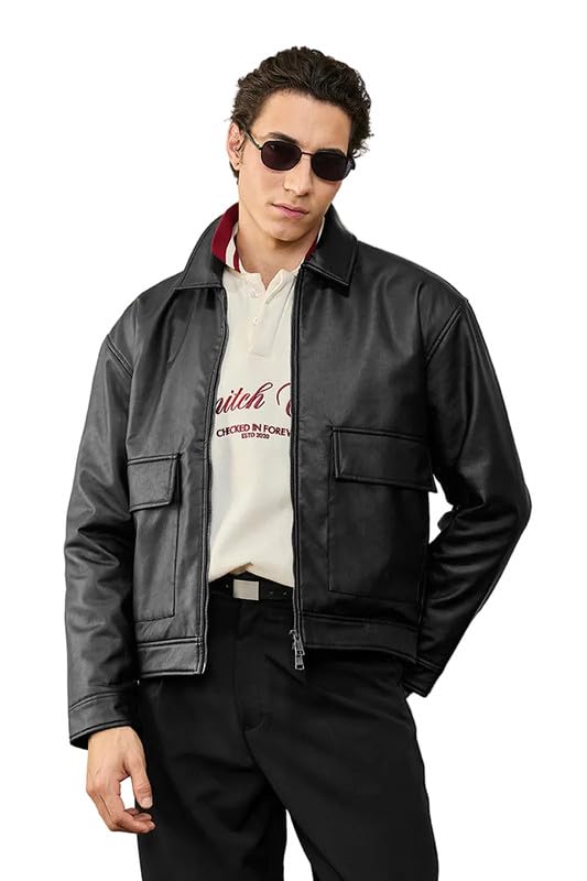 Image of SNITCH CATCH ME IF YOU CAN Men Casual Jacket For Streetwear | Box Fit Lapel Collar Solid With Zip Closure | Artificial Pu Leather & Polyester Lined For Outings