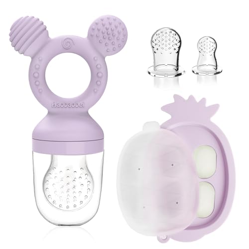 Image of HAOBAOBEI Teething Toys, Baby Fruit Food Feeder, Breastmilk Popsicle Molds for Baby Cooling Relief (Purple, Mini Mouse)