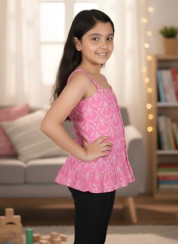 Image of Yash Gallery - Kids Regular Fit Cotton Floral Printed Sleeveless Top for Girls