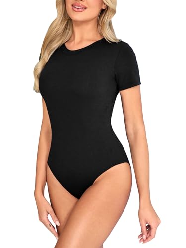 Kefiyis Body Mujer Body Manga Corta Mujer Cuello Redondo Bodies Elegante Elástica Bodysuit con Snap Para Casual Oficina Vestimenta y Estilo de Capas Negro XXL