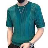 [Zon Smaids] トップス サマー ニット セーター シャツ 無地 ラウンド U ネック 半袖 夏 カットソー メンズ (グリーン, 2XL)