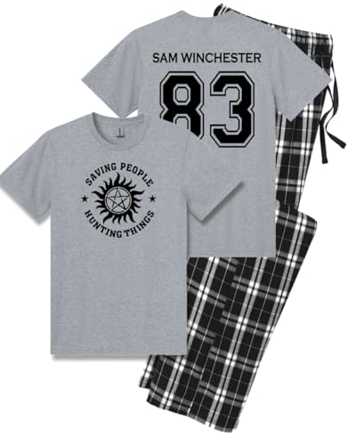 Studio 9Thirty3 Sam Winchester Supernatural Pajama Set Saving People Hunting Things Shirt & Flannel Pants Lounge Gift for Fans (Medium Grey)