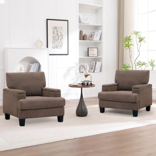 Image of Accent Chairs Set of 2 with Storage Armrest, Fabric Modern Upholstered Reading Living Room Chairs, Comfy Large Armchair, Sofa Chair for Bedroom (Dark Brown)