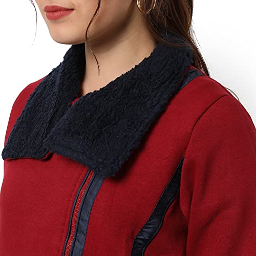 Image of Campus Sutra Women Maroon Solid Regular Fit Cotton Jacket For Winter Wear | Collar Neck | Full Sleeve | Zipper | Casual Jacket For Woman & Girl | Western Stylish Jacket For Women