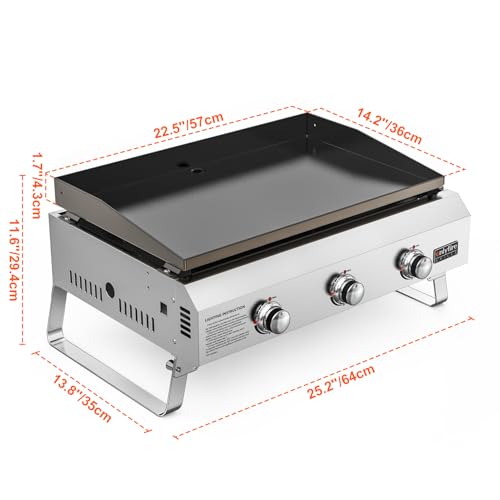 onlyfire Plancha Tischgasgrill 3 Edelstahl-Brenner, Keramische Lackbeschichtung Grillplatte, Camping Gasgrill, Kompakter Tischgrill Gas, Kleiner Balkon-Picknick-Grill, Grillfläche 57x36CM, 7,03KW