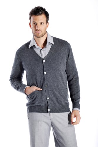 Cashmere Boutique: Men's 100% Pure Cashmere Cardigan Sweater (Color: Charcoal Gray, Size: Large)