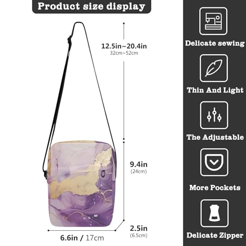 Crossbody Bag Purple White Gold Marble Messenger Bag for Women Men Purse Shoulder Bag Satchel Bag with Adjustable Strap 214B01113